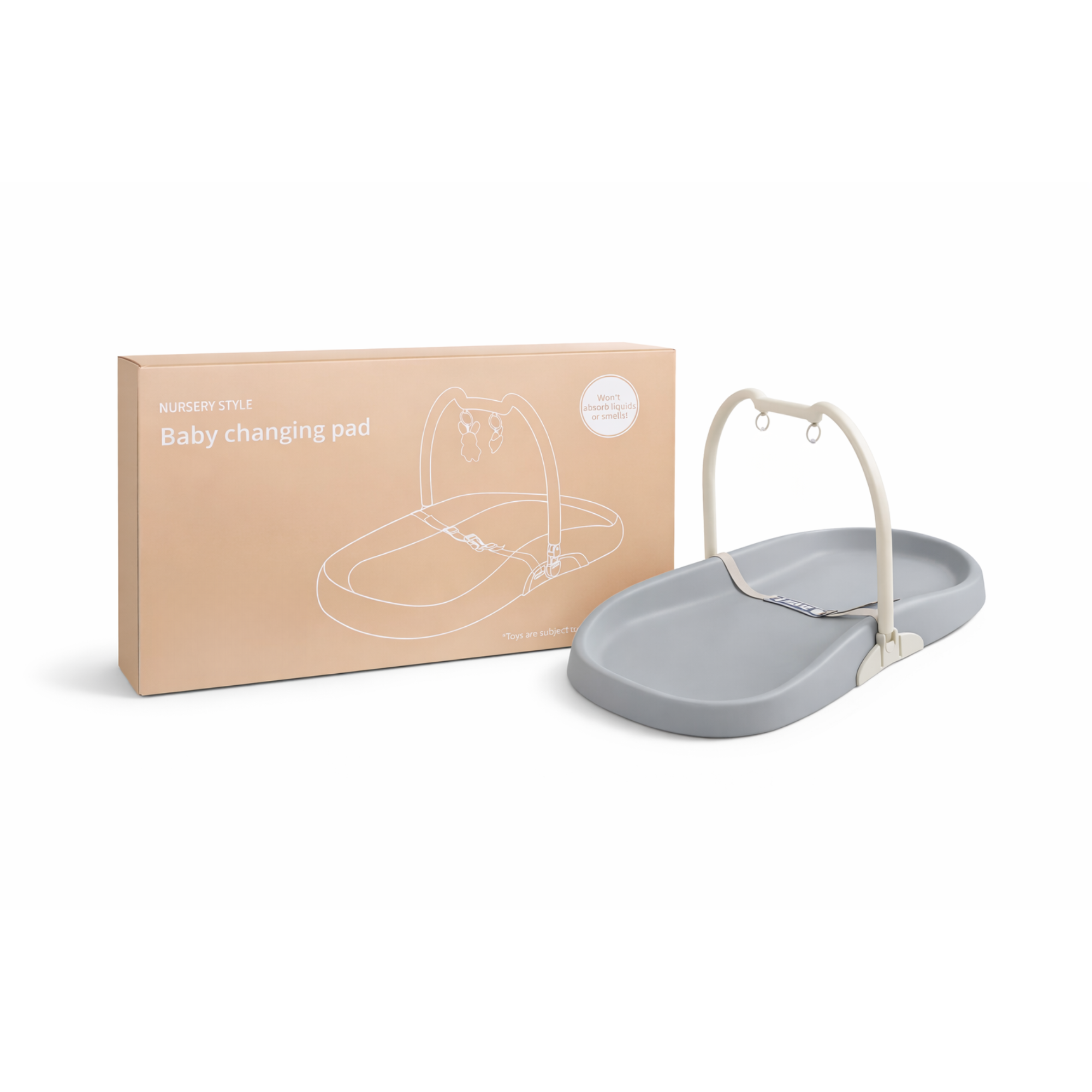 Hoitoalusta valjailla ja irrotettavalla leikkikehällä, harmaa