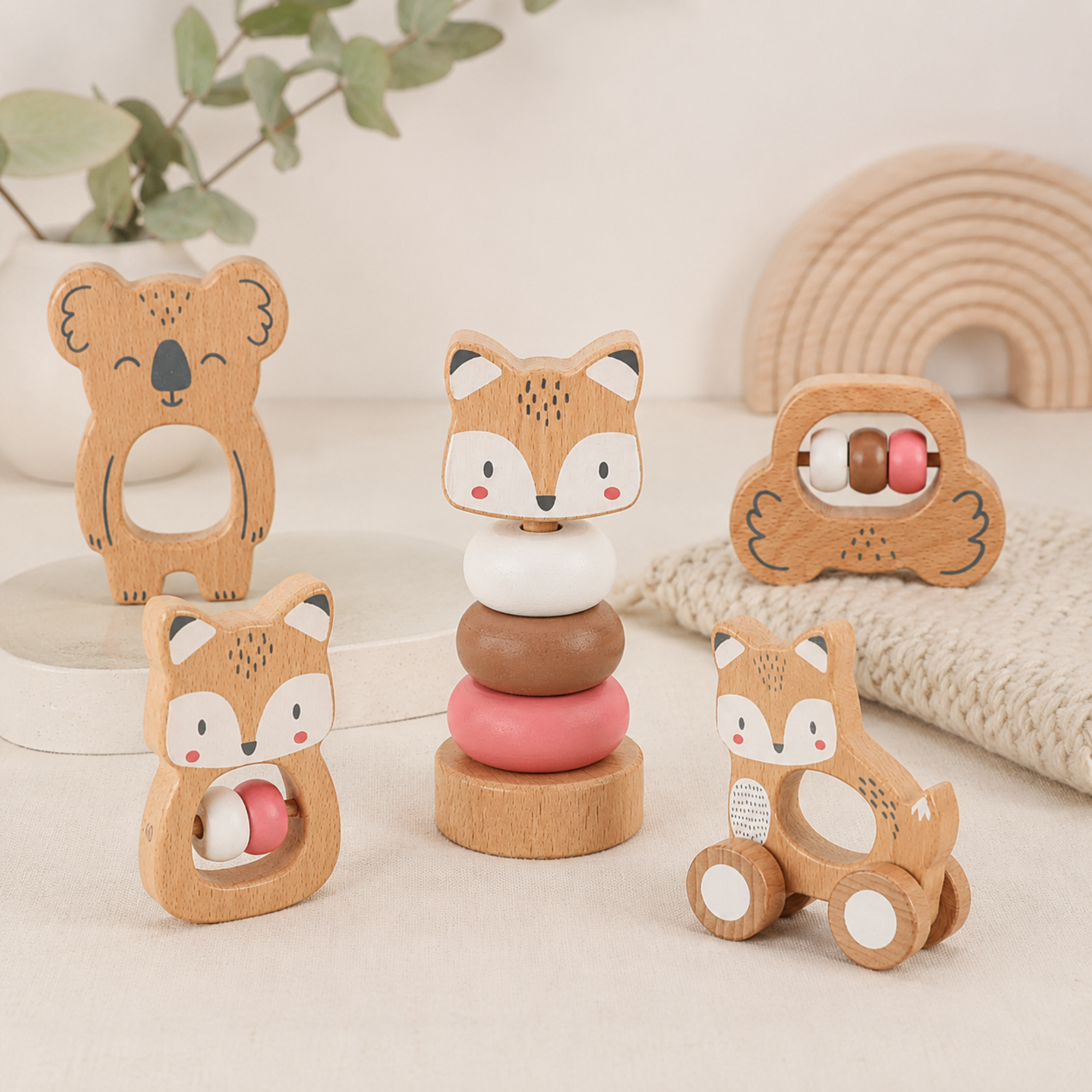 5-in-1 puinen helistinsetti – Koala ja kettu