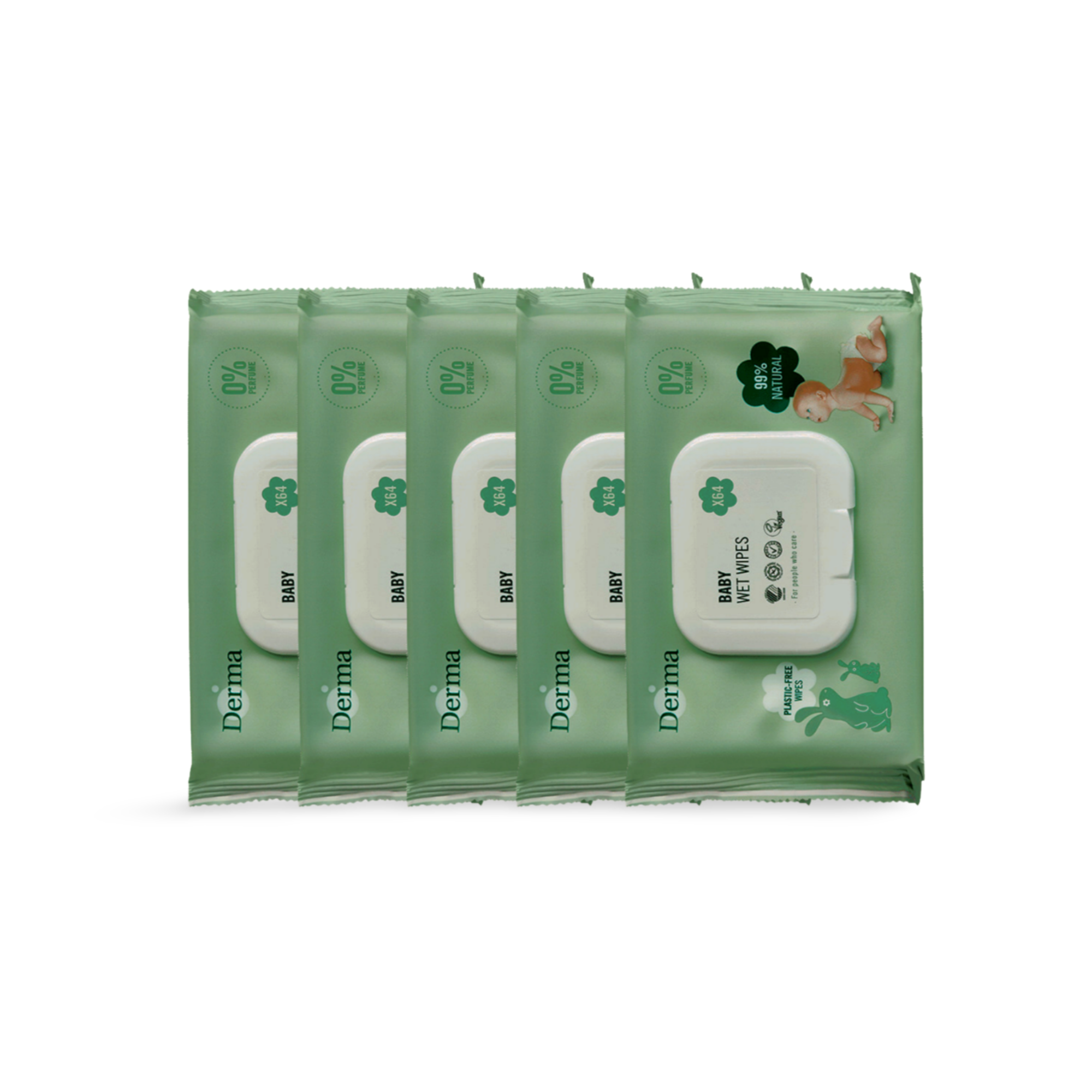 5 x DERMA BABY -kosteuspyyhkeitä 0% 64 kpl.